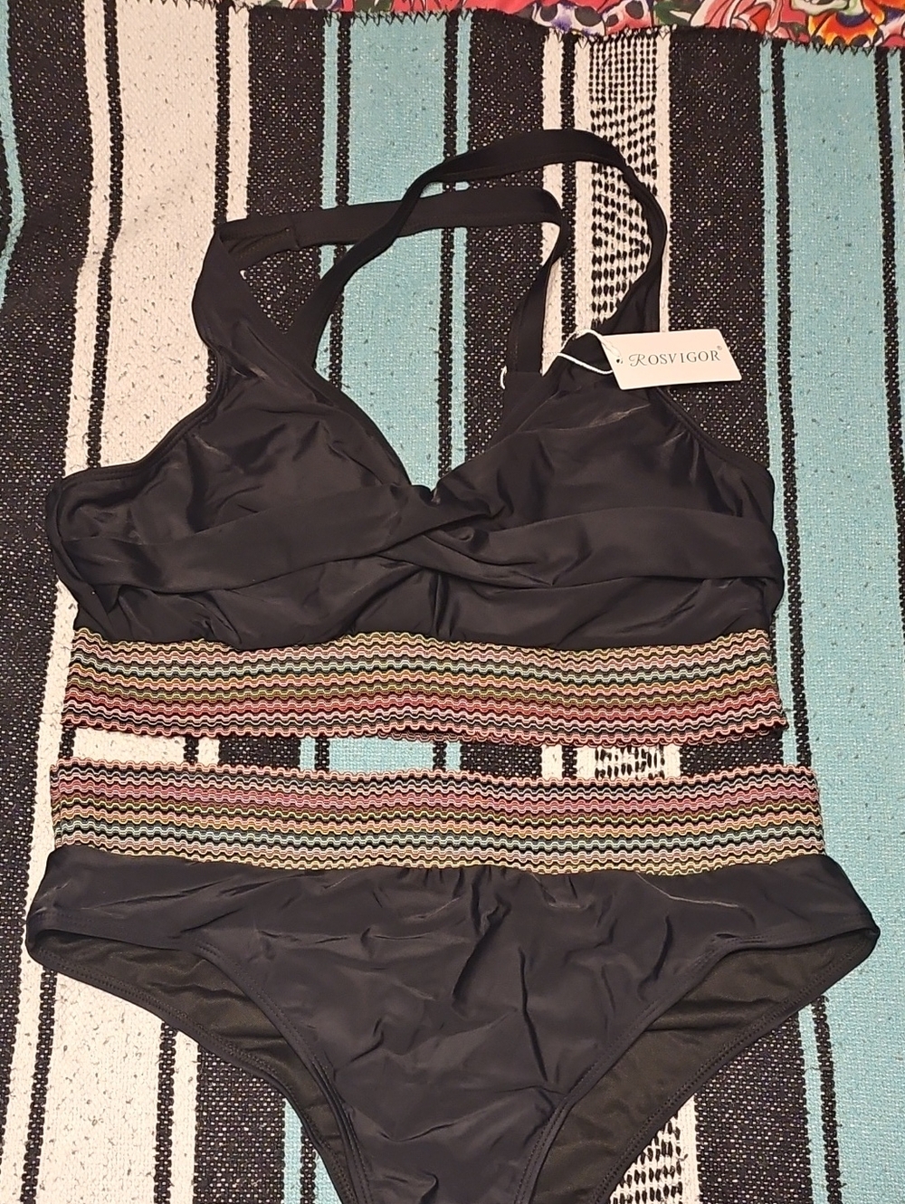 Women's Black Two-Piece Swim Set with Multicolor Waistband